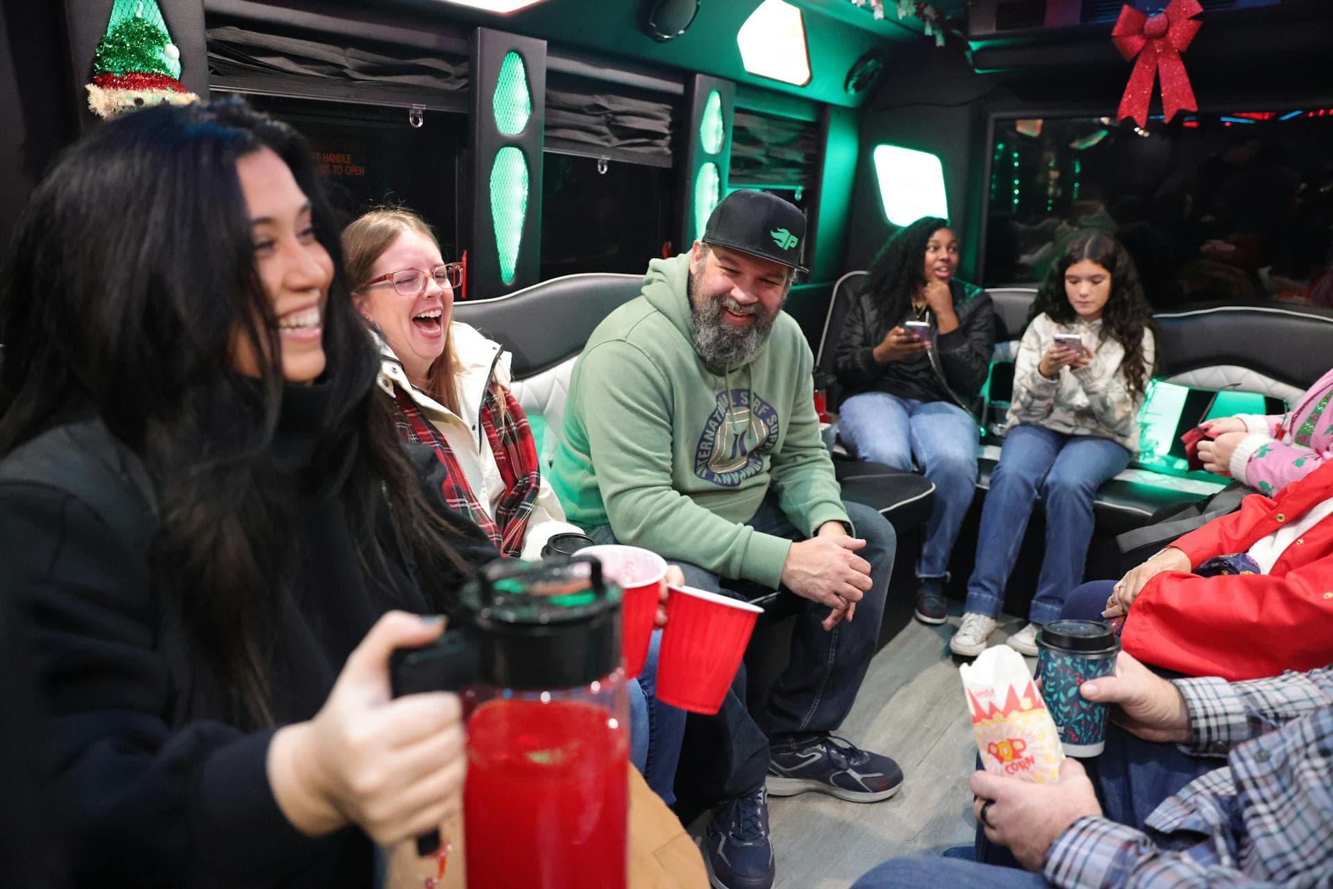 Party bus at night with group celebration, Adelaide group transport with LED mood lighting